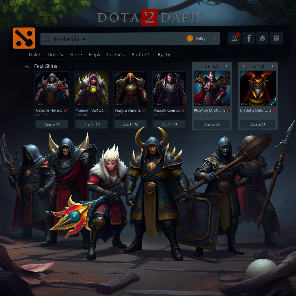 Dota 2 герои и предметы на торговой площадке с интерфейсом покупки и продажи скинов