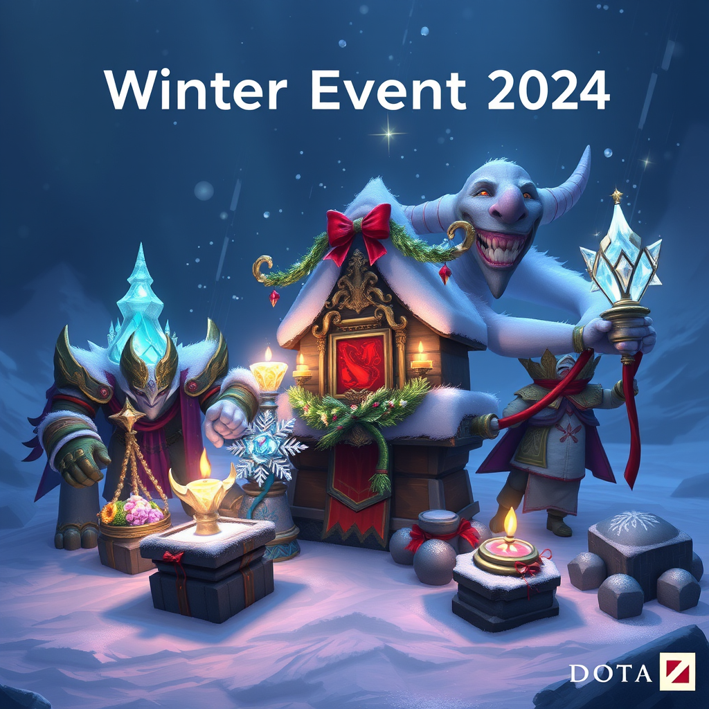 Зимнее событие Dota 2 2024 с новыми бессмертными сокровищами, показывающее ледяные эффекты и праздничные украшения на фоне карты Dota 2
