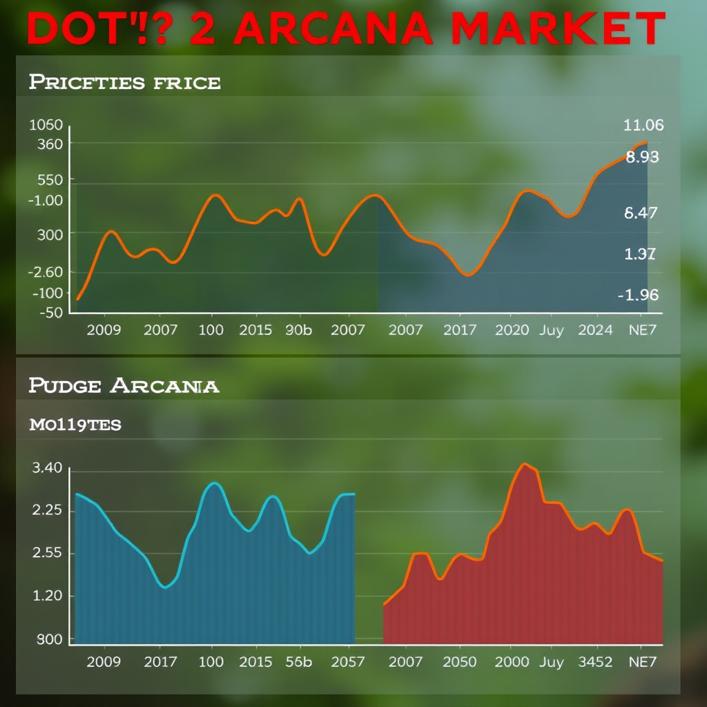 Графический анализ рынка Dota 2 Arcana с диаграммами цен и трендами торговли, показывающий статистику по Crystal Maiden и Pudge Arcana