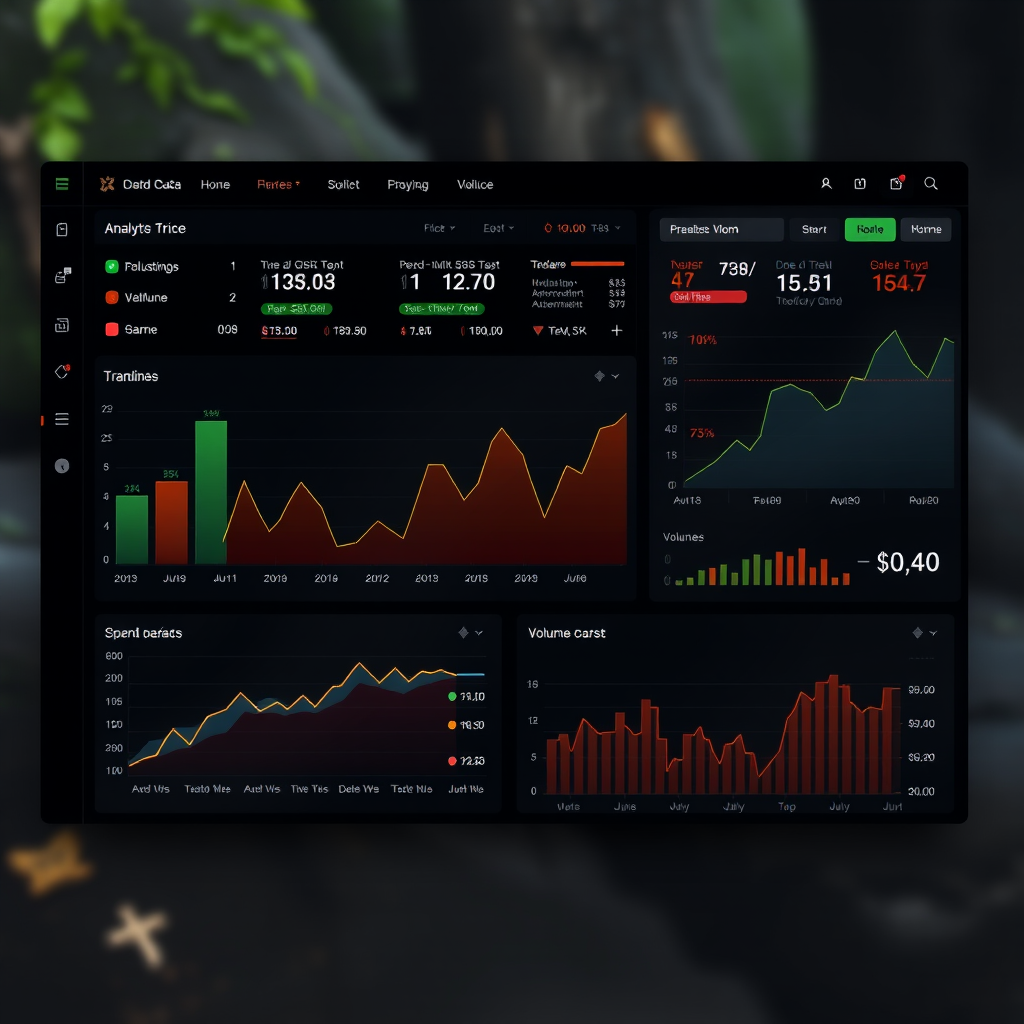 Интерфейс панели аналитики рынка Dota 2 с графиками цен, диаграммами трендов и статистикой торговых объемов