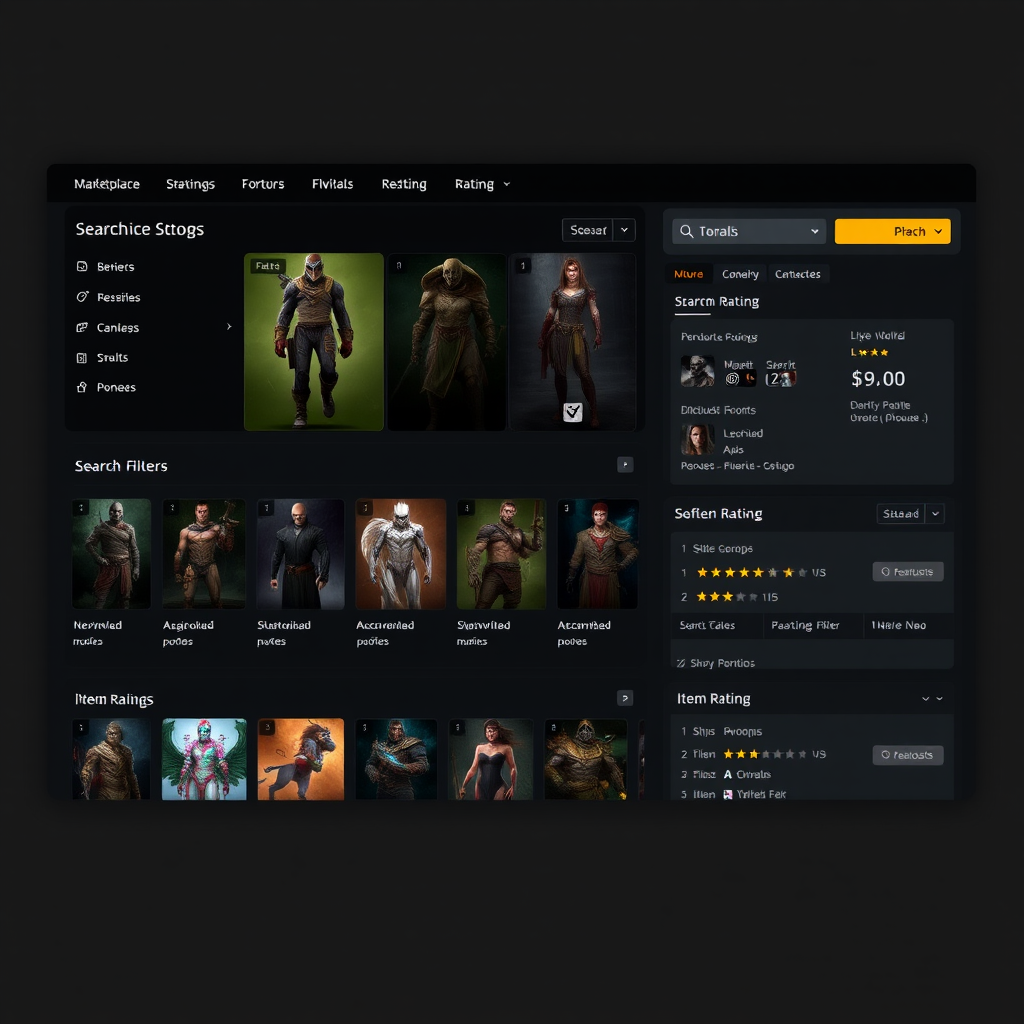 Интерфейс торговой площадки Dota 2 с каталогом скинов, фильтрами поиска и системой оценки предметов