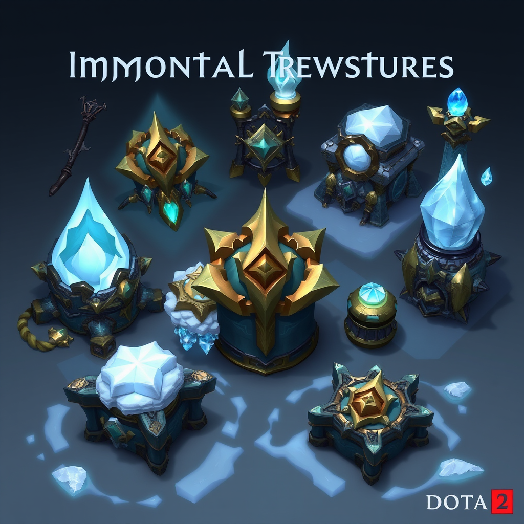 Коллекция новых бессмертных сокровищ Dota 2 с ледяными и зимними эффектами, демонстрирующая различные предметы для героев