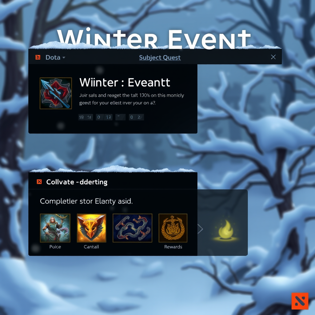 Интерфейс заданий зимнего события Dota 2 с прогрессом выполнения и наградами, показывающий зимнюю тематику